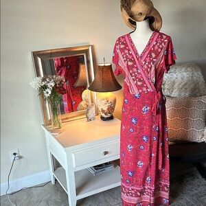 Pretty garden warm red purple boho floral summer festival wrap maxi dress L​
